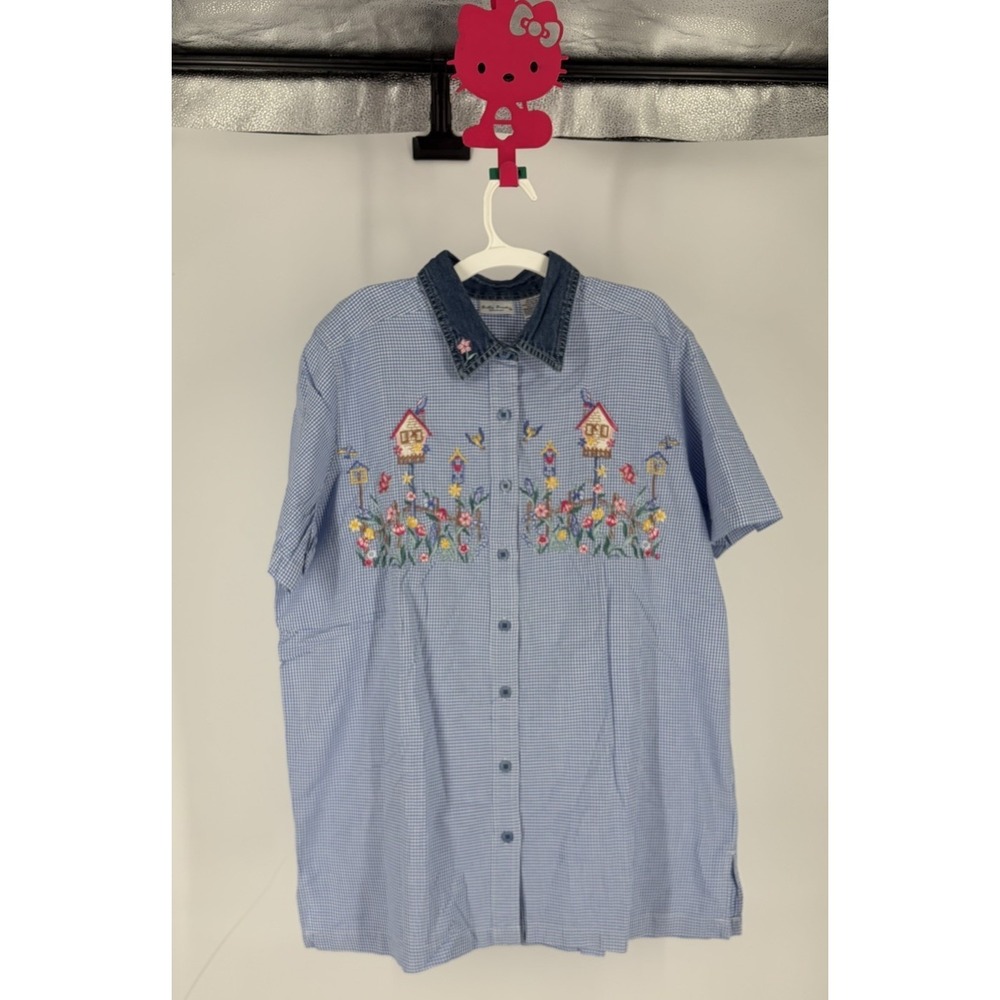 Vtg Bobbie Brooks Blue Gingham Floral Embroidery Denim Collar 14-16W Cottagecore